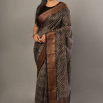 Black Printed Silk Saree With Copper Woven Border - Anvi Couture