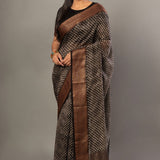 Black Printed Silk Saree With Copper Woven Border - Anvi Couture