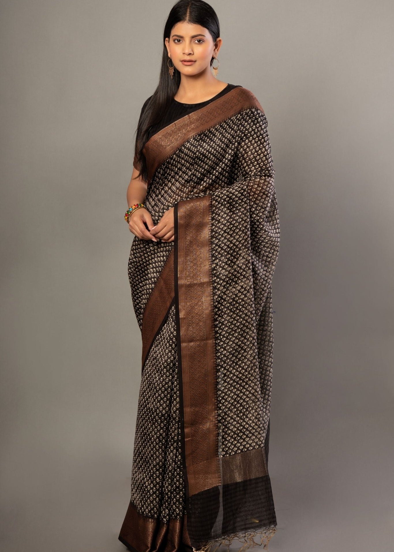 Black Printed Silk Saree With Copper Woven Border - Anvi Couture