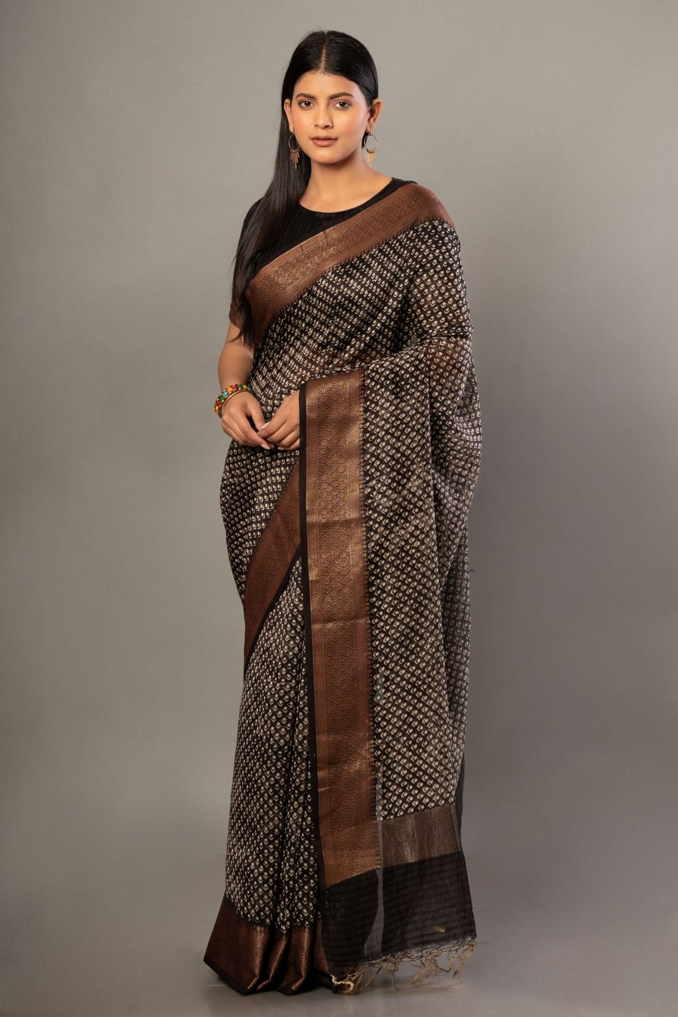 Black Printed Silk Saree With Copper Woven Border - Anvi Couture