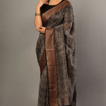 Black Printed Silk Saree With Copper Woven Border - Anvi Couture