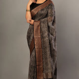 Black Printed Silk Saree With Copper Woven Border - Anvi Couture