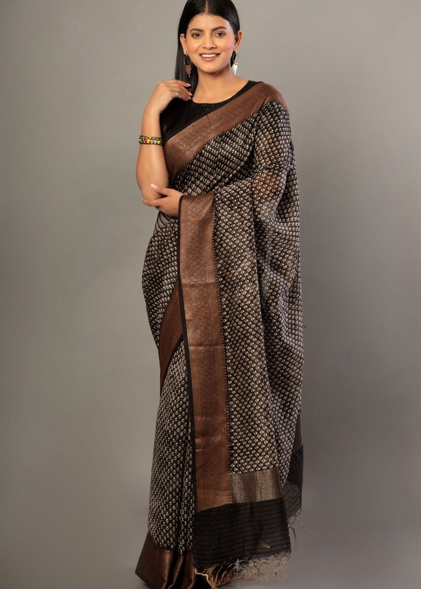 Black Printed Silk Saree With Copper Woven Border - Anvi Couture
