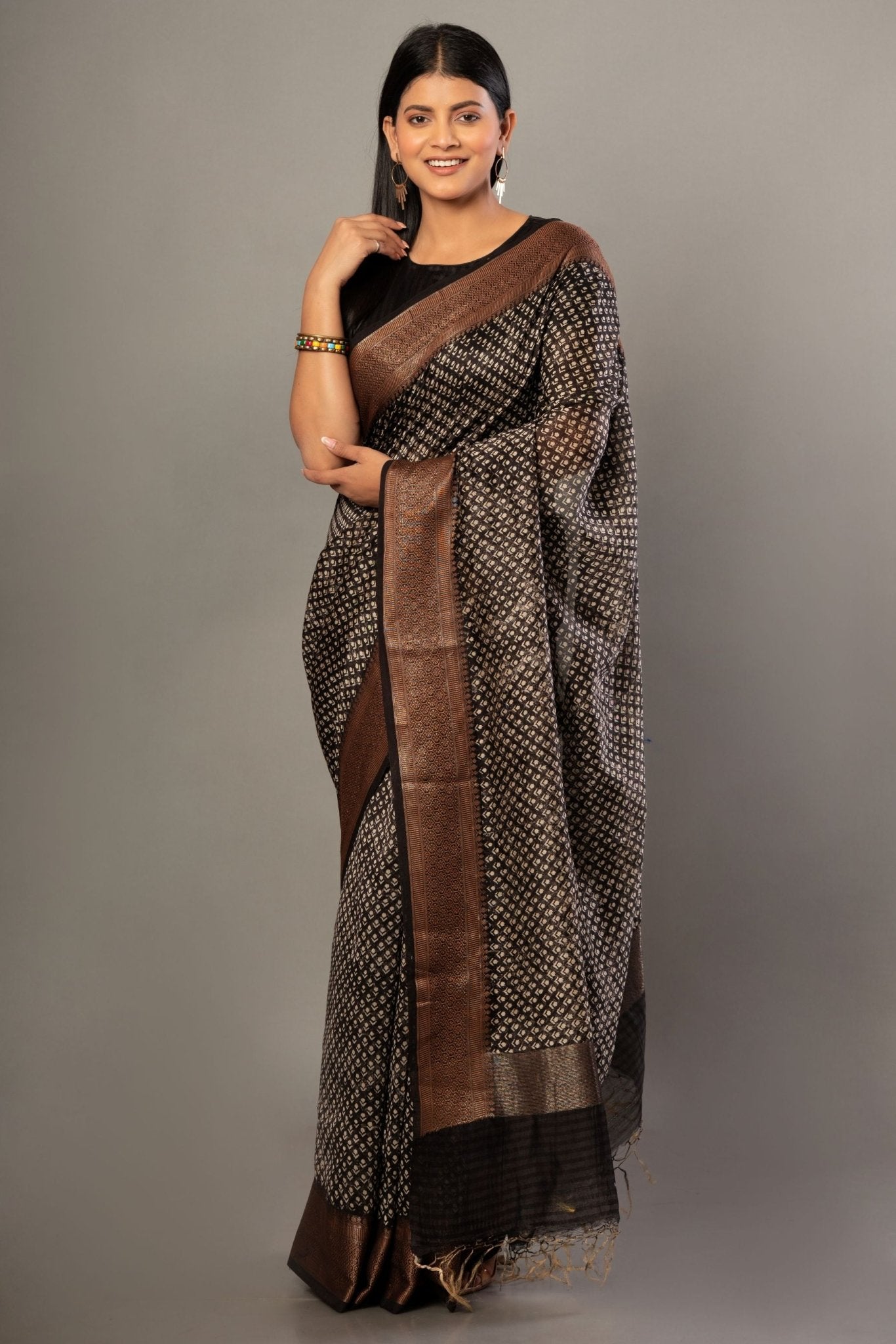 Black Printed Silk Saree With Copper Woven Border - Anvi Couture