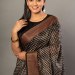 Black Printed Silk Saree With Copper Woven Border - Anvi Couture
