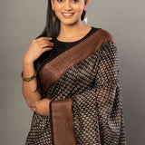 Black Printed Silk Saree With Copper Woven Border - Anvi Couture