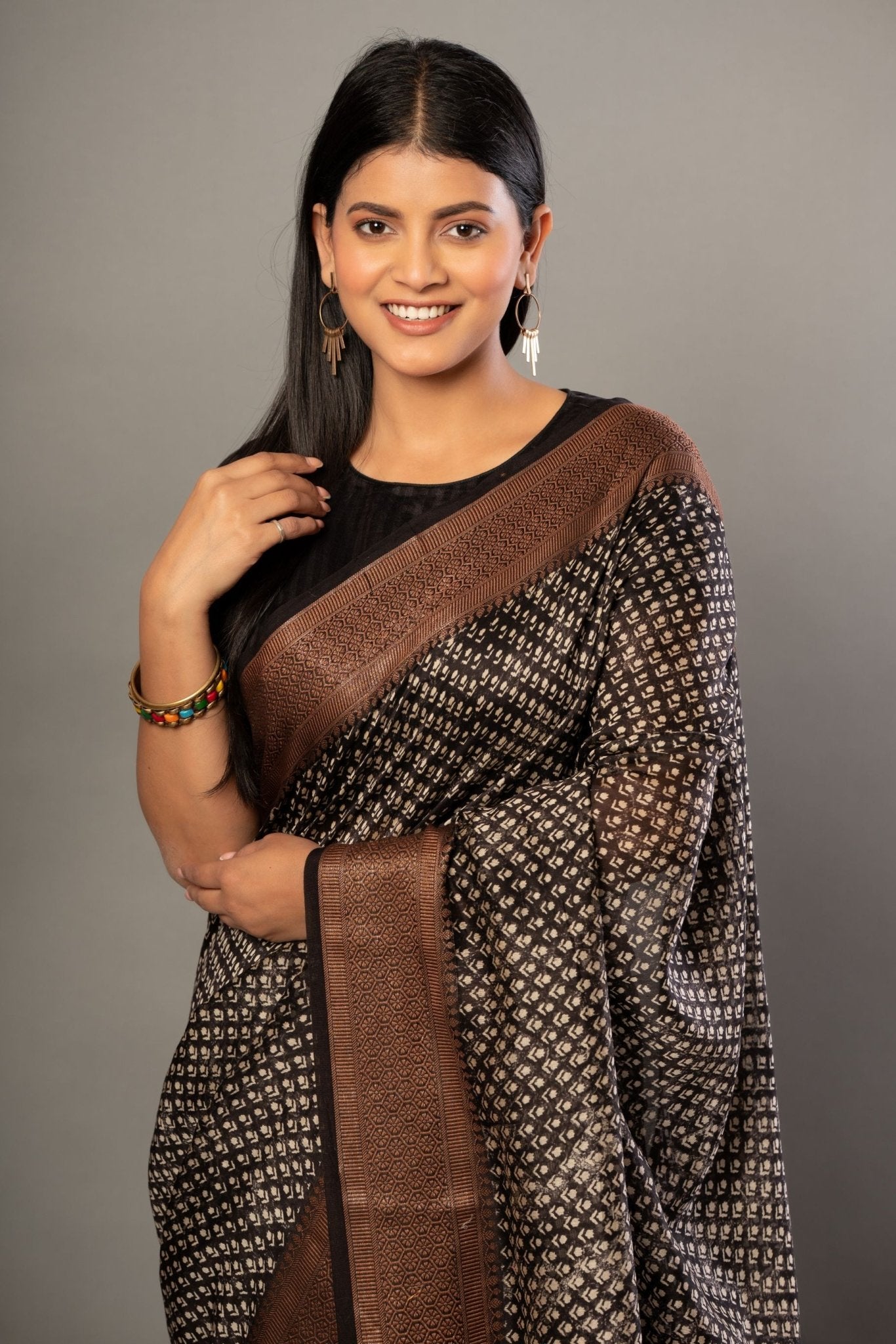 Black Printed Silk Saree With Copper Woven Border - Anvi Couture