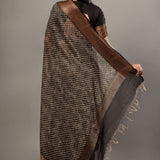 Black Printed Silk Saree With Copper Woven Border - Anvi Couture