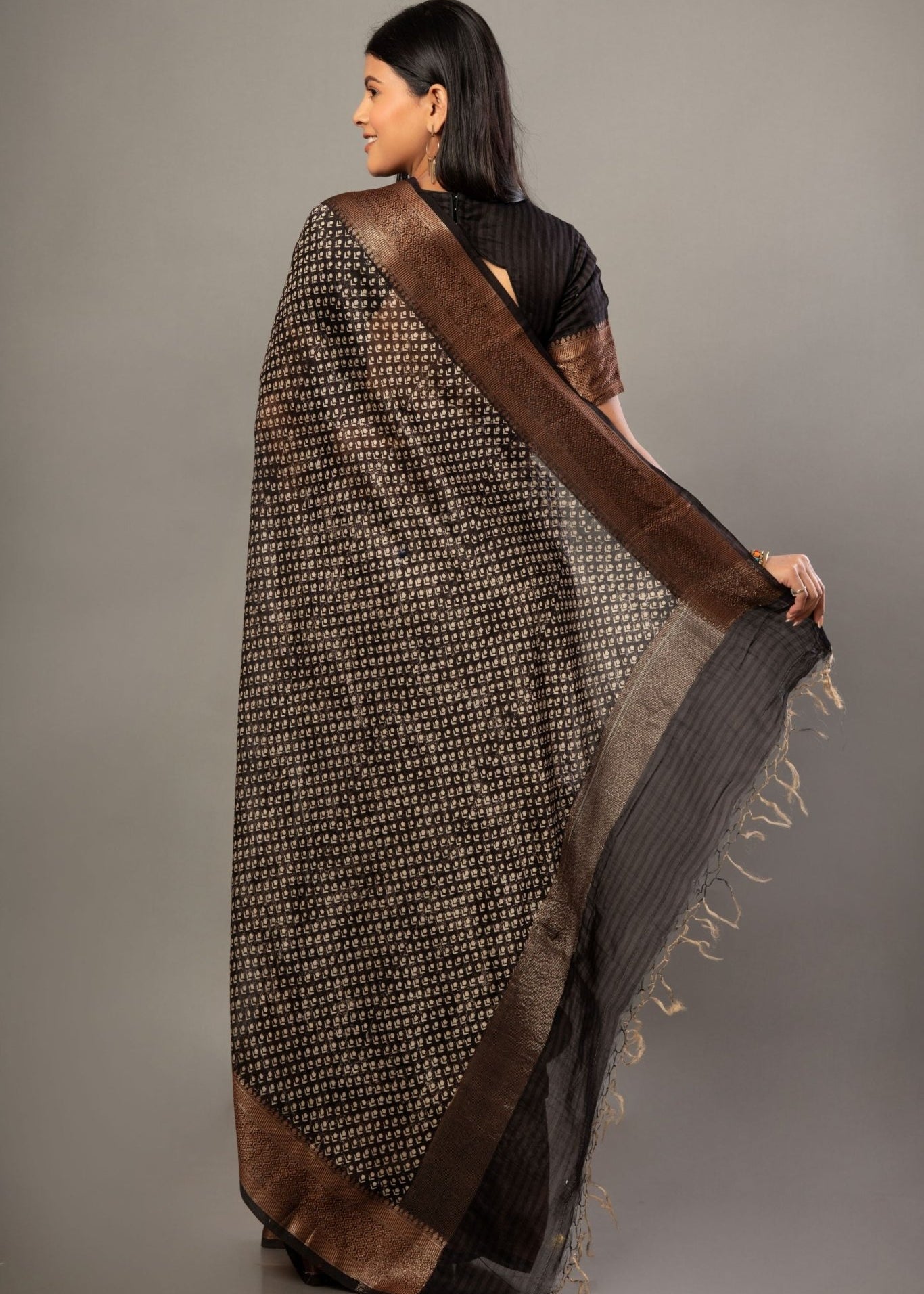 Black Printed Silk Saree With Copper Woven Border - Anvi Couture