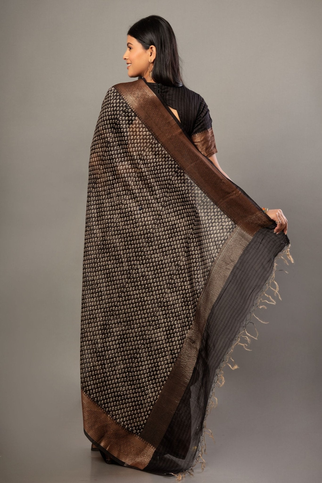 Black Printed Silk Saree With Copper Woven Border - Anvi Couture