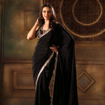 Black Pure Crepe Silk Embroidered Saree full