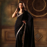 Black Pure Crepe Silk Embroidered Saree full
