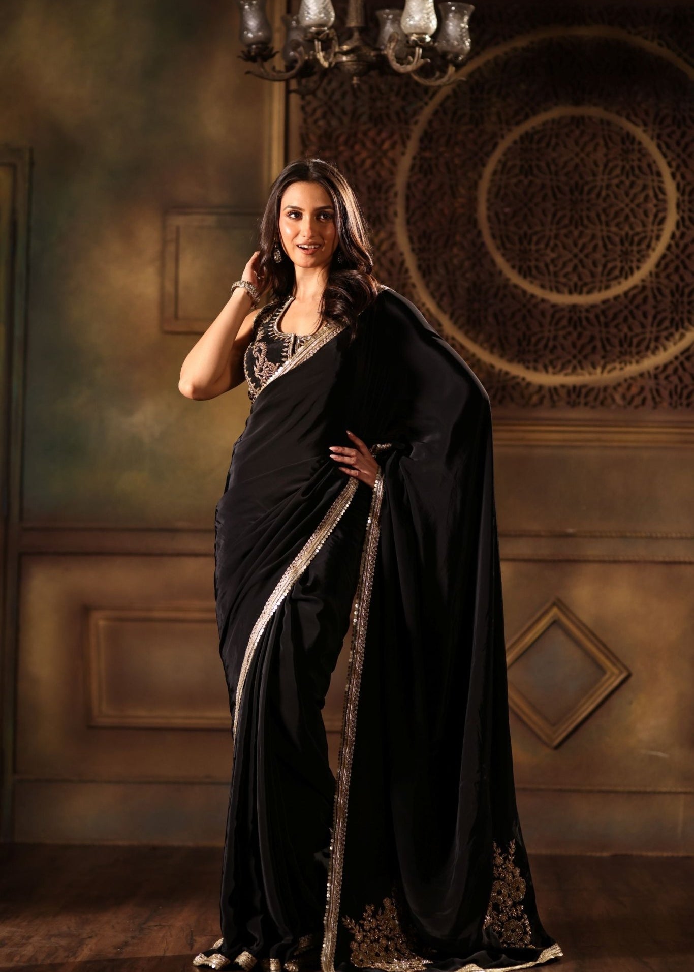 Black Pure Crepe Silk Embroidered Saree - Anvi Couture