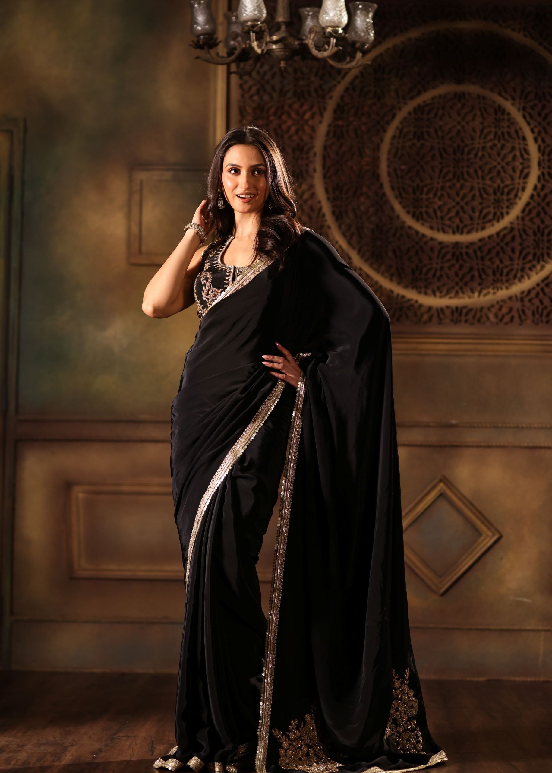 Black Pure Crepe Silk Embroidered Saree full