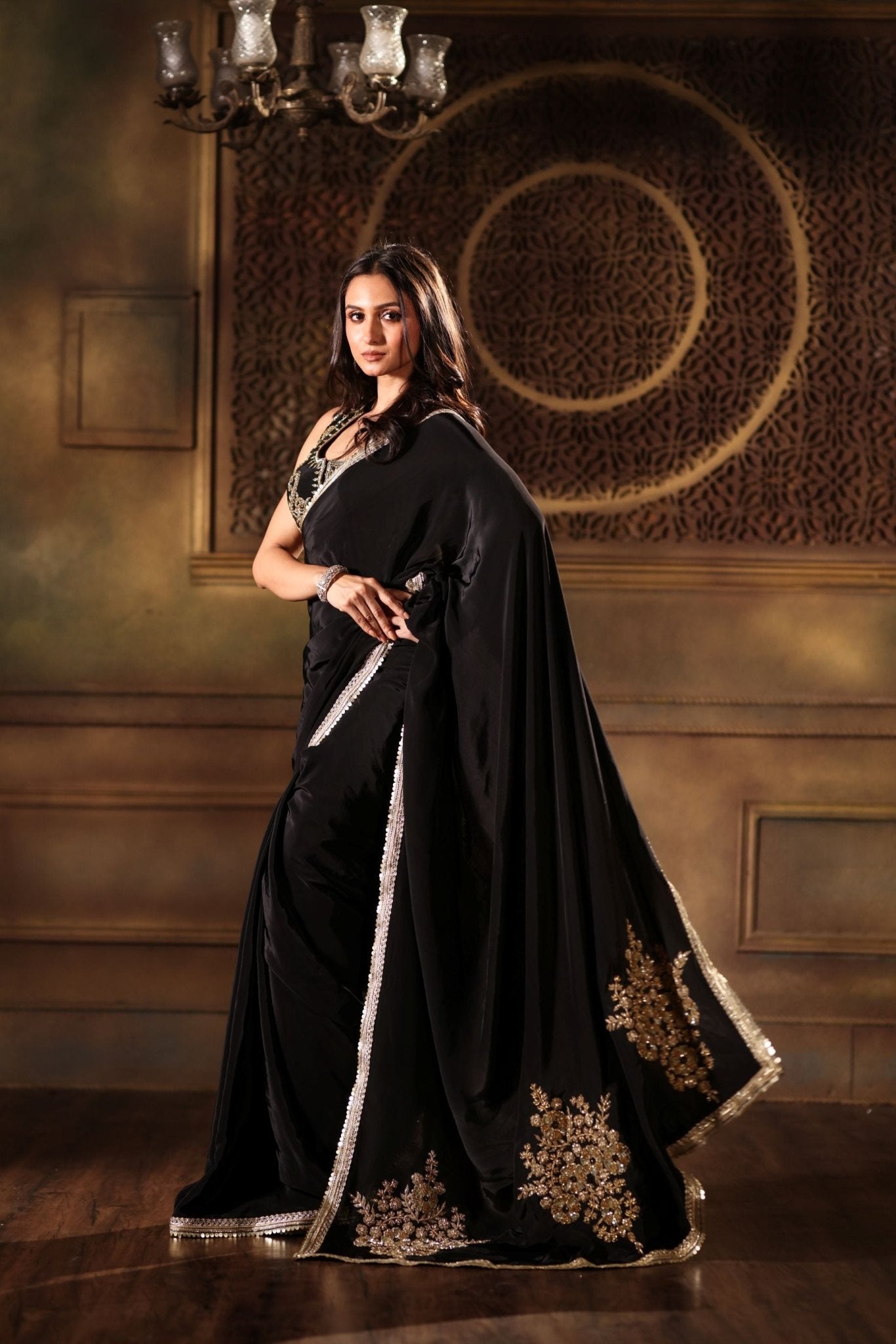 Black Pure Crepe Silk Embroidered Saree - Anvi Couture