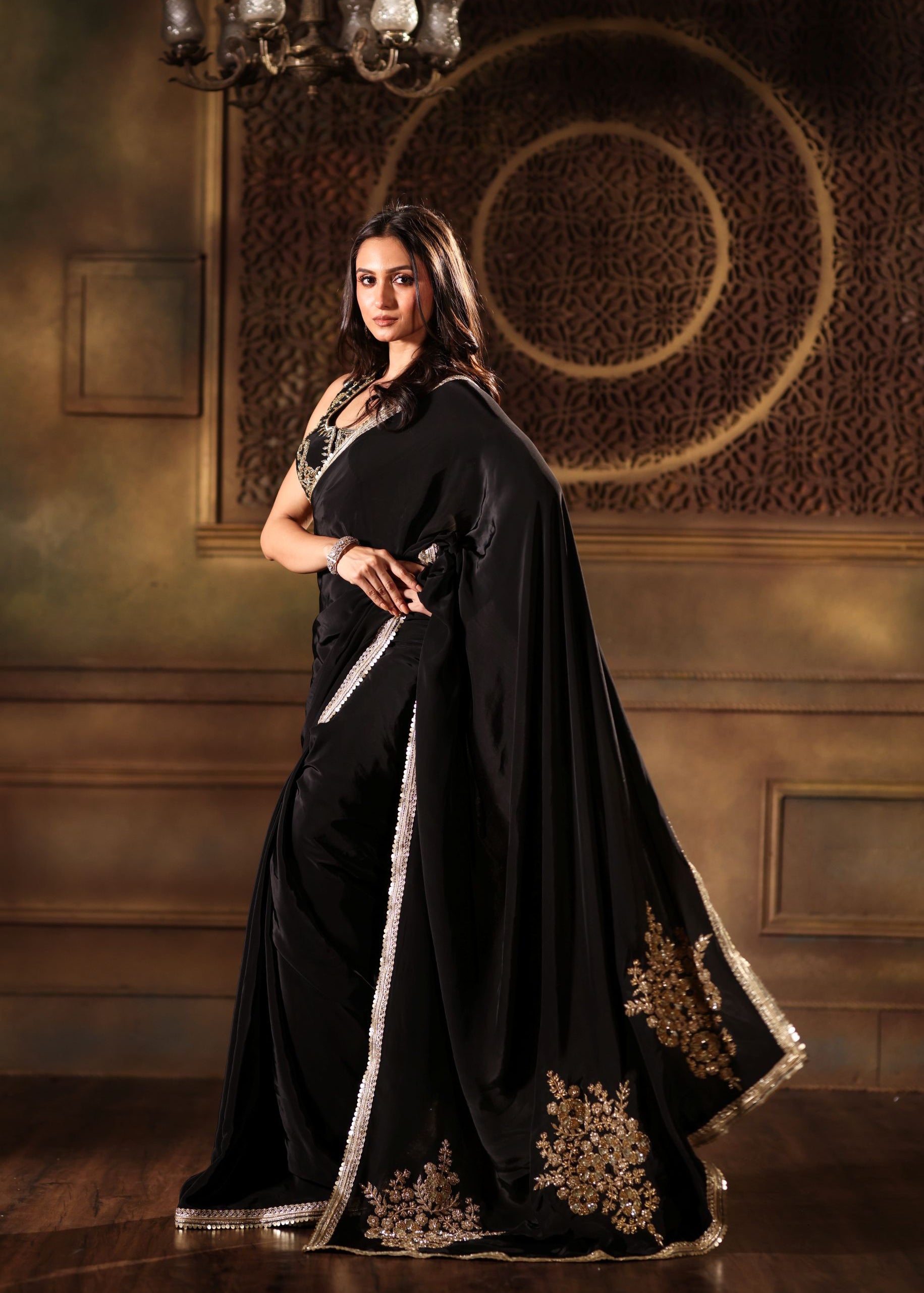 Black Pure Crepe Silk Embroidered Saree front