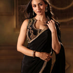 Black Pure Crepe Silk Embroidered Saree close up