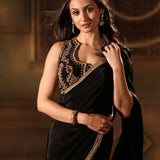 Black Pure Crepe Silk Embroidered Saree close up