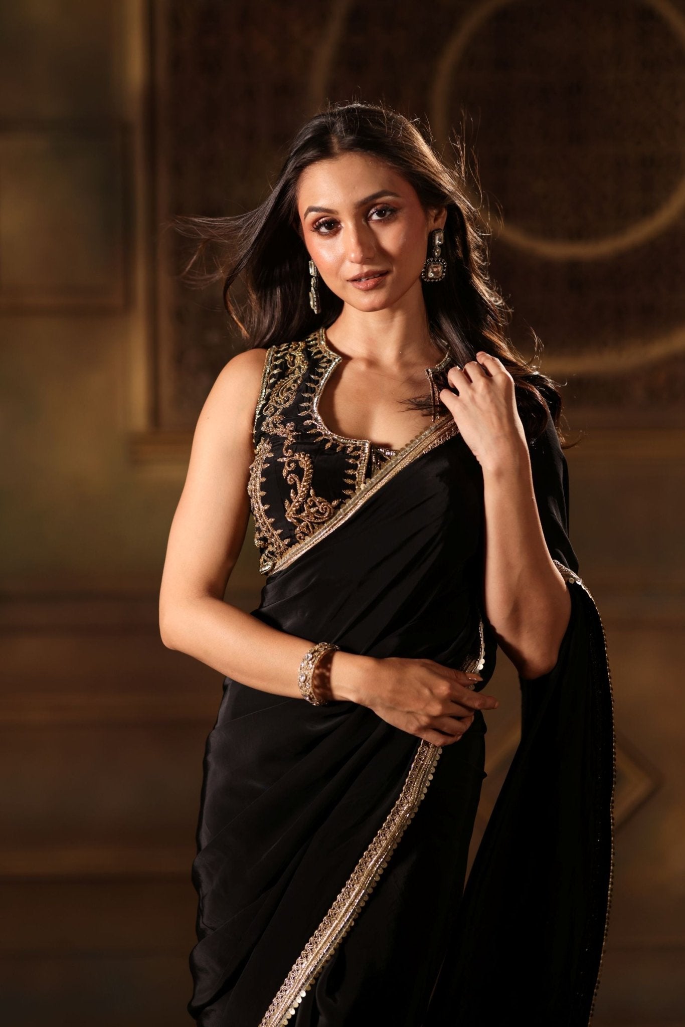 Black Pure Crepe Silk Embroidered Saree - Anvi Couture
