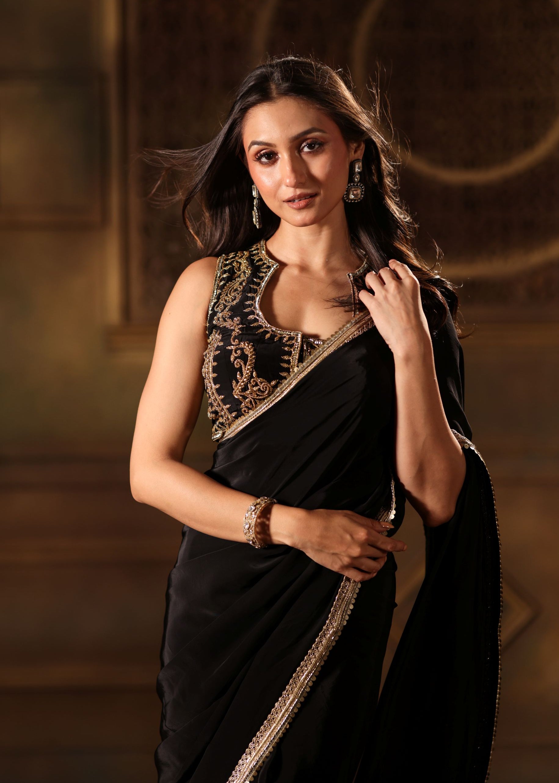 Black Pure Crepe Silk Embroidered Saree close up