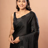 Black Sequin Border Saree in Satin Silk - Anvi Couture