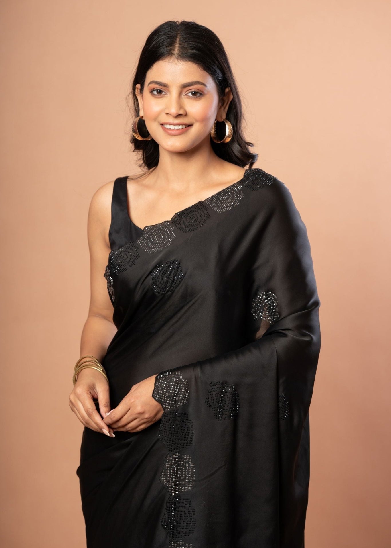 Black Sequin Border Saree in Satin Silk - Anvi Couture