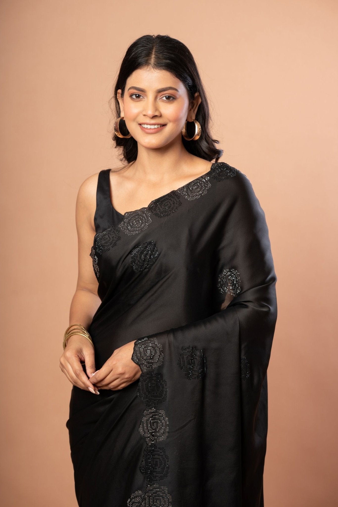 Black Sequin Border Saree in Satin Silk - Anvi Couture