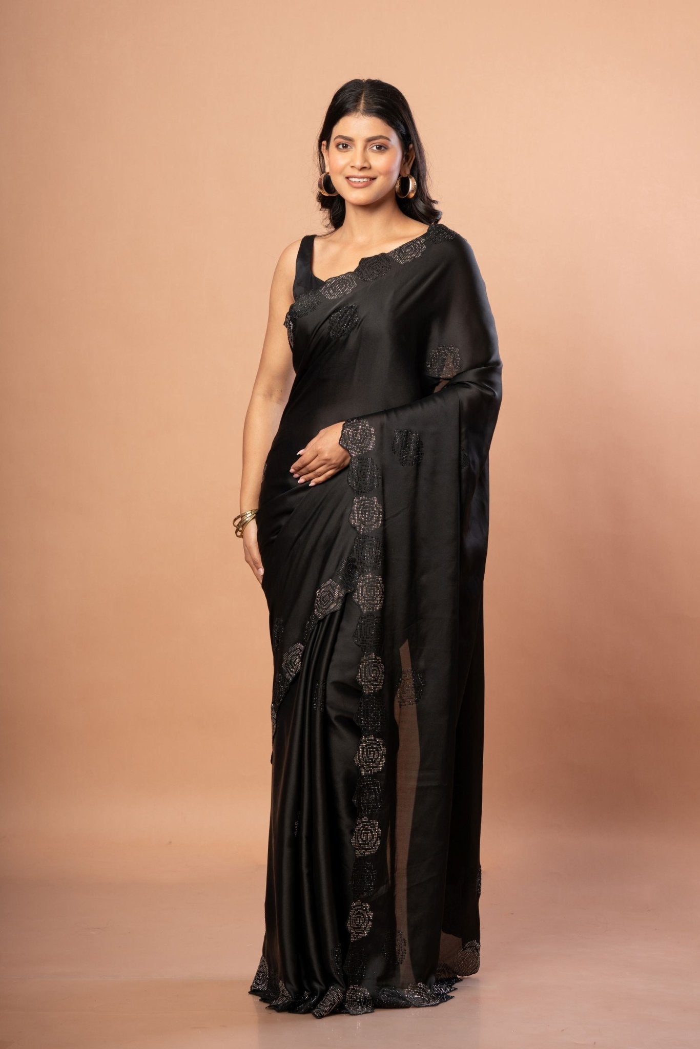 Black Sequin Border Saree in Satin Silk - Anvi Couture