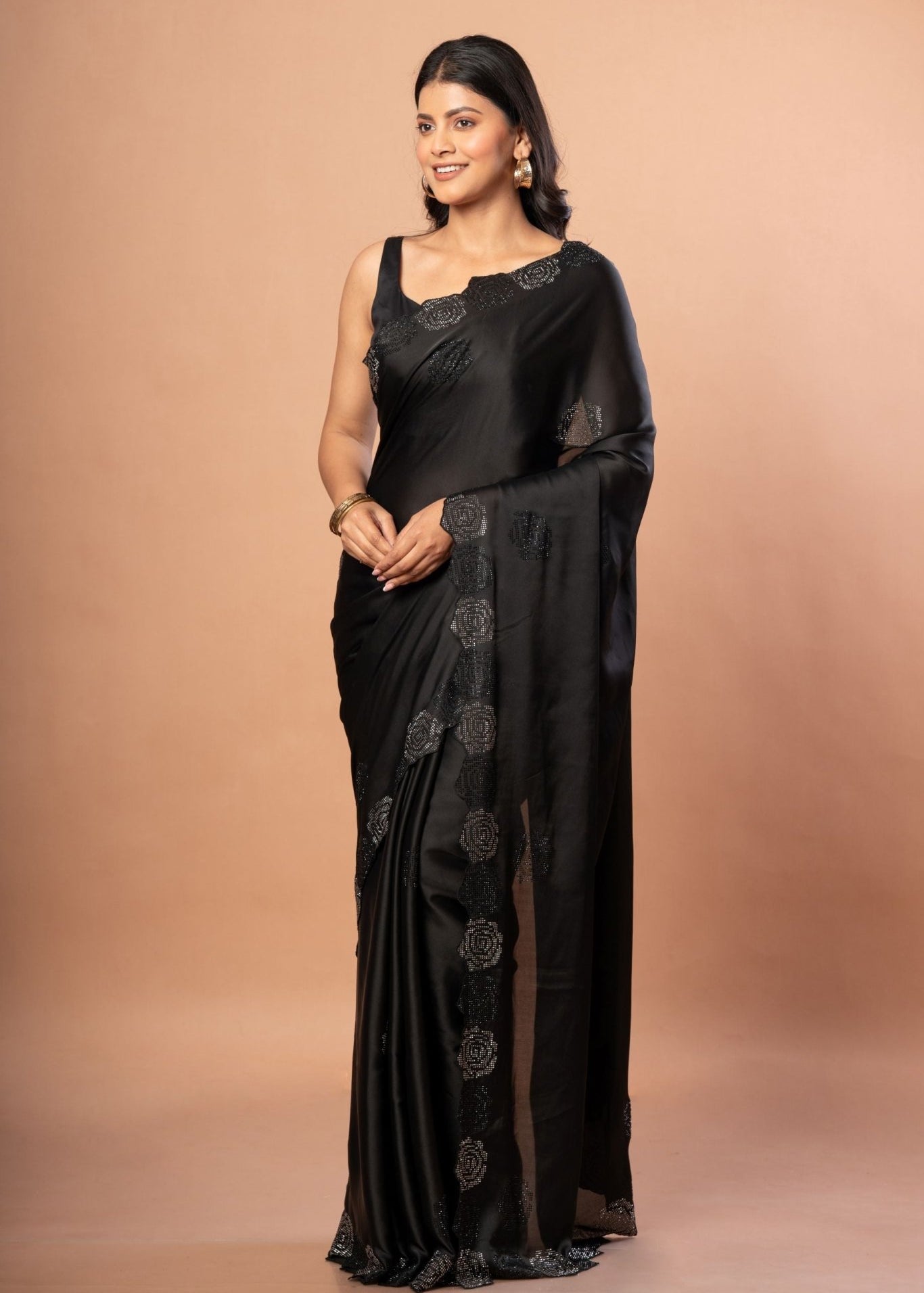 Black Sequin Border Saree in Satin Silk - Anvi Couture