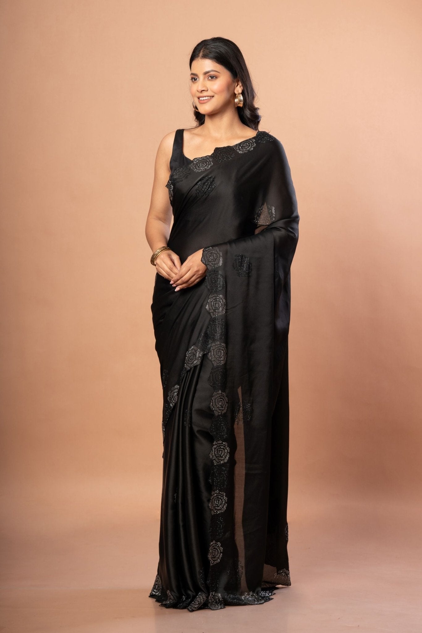 Black Sequin Border Saree in Satin Silk - Anvi Couture