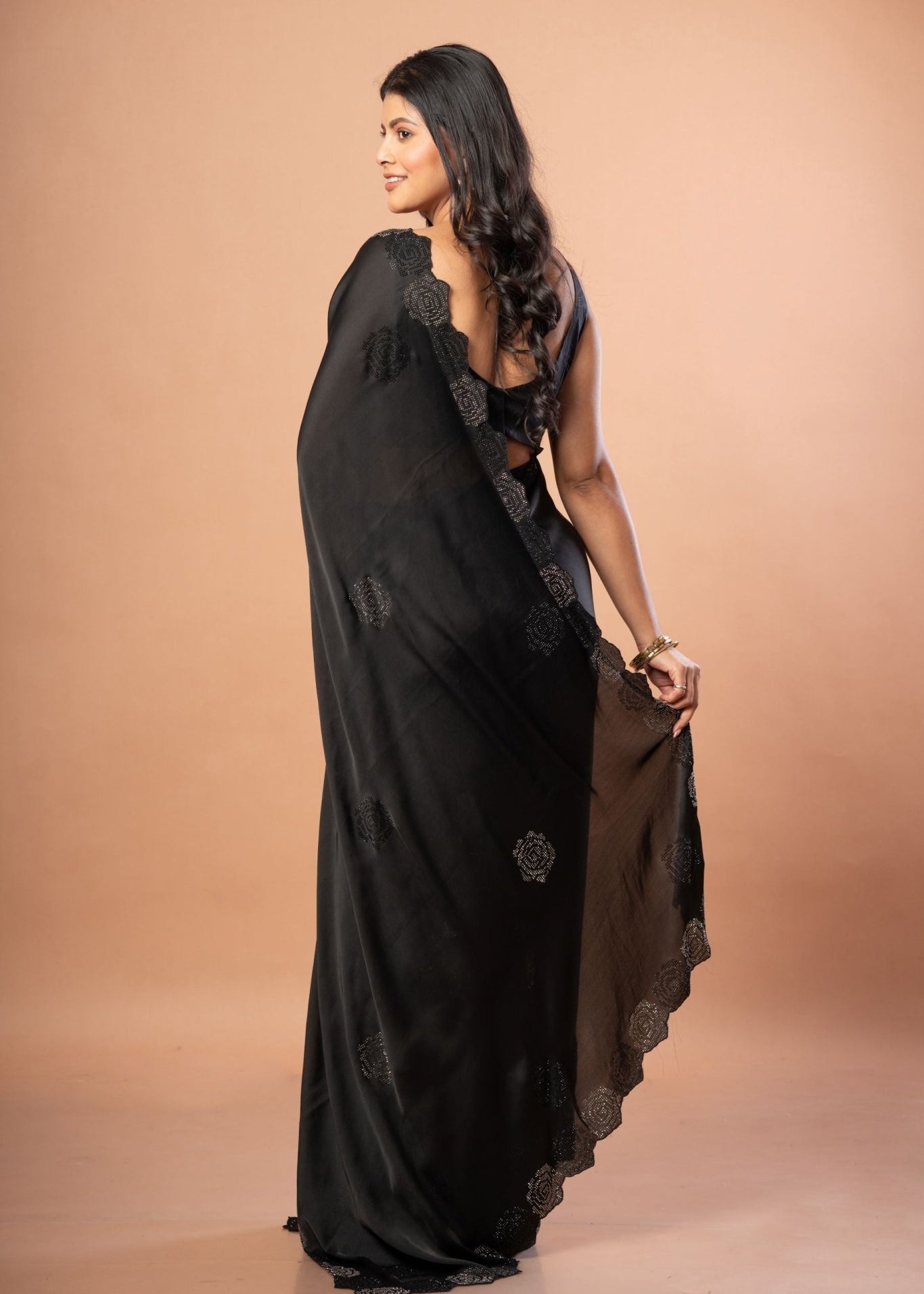 Black Sequin Border Saree in Satin Silk - Anvi Couture