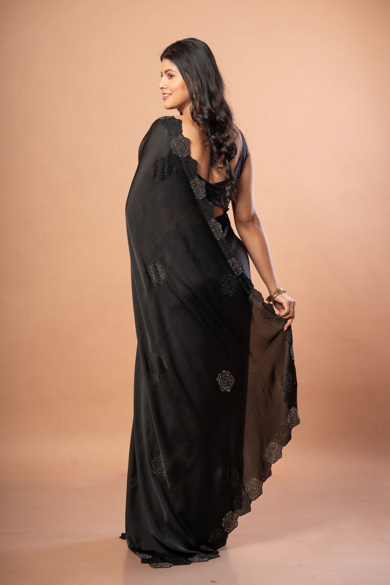 Black Sequin Border Saree in Satin Silk - Anvi Couture