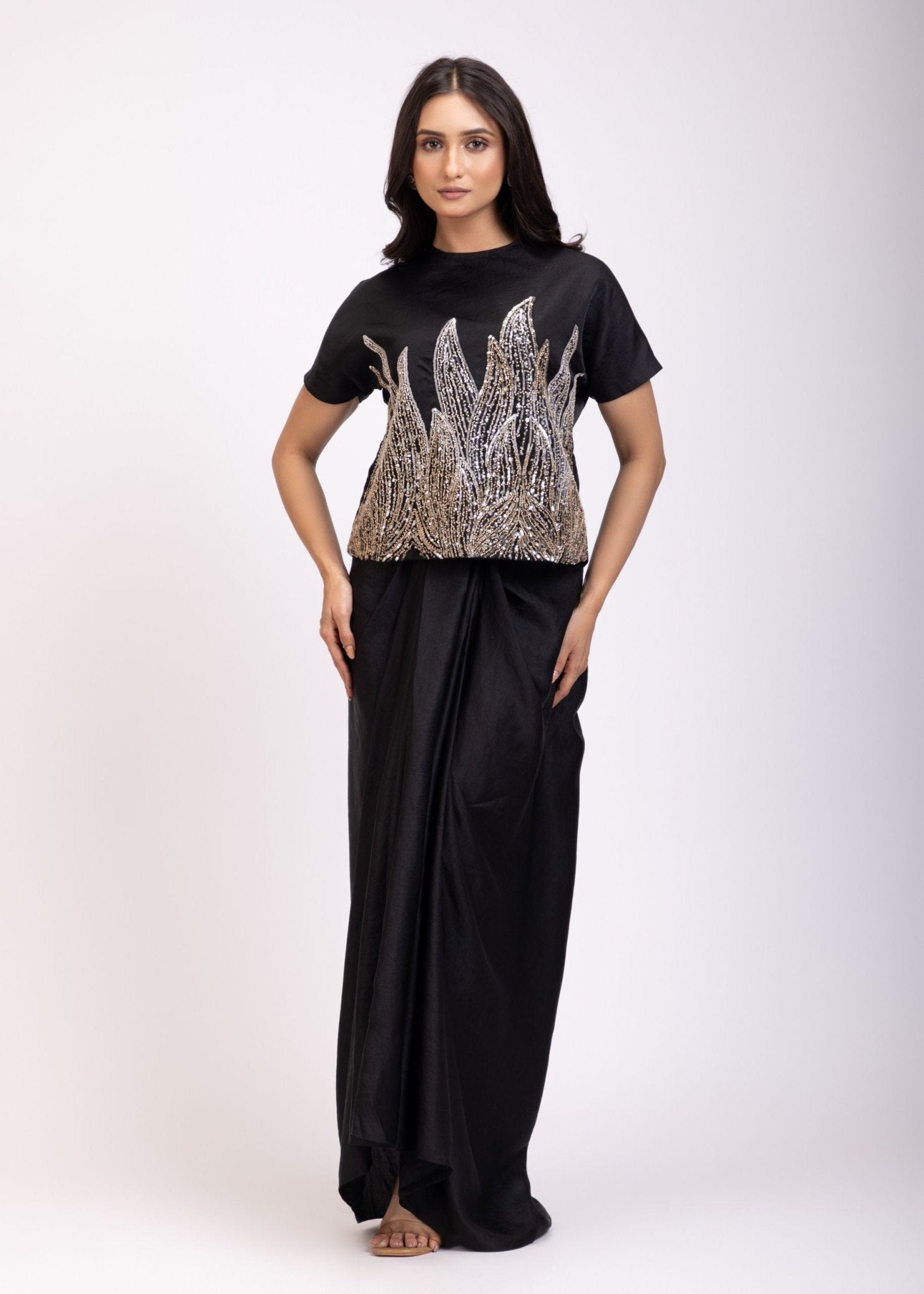 Black Sequin Croptop Drape Skirt Set - Anvi Couture