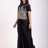 Black Sequin Croptop Drape Skirt Set Side