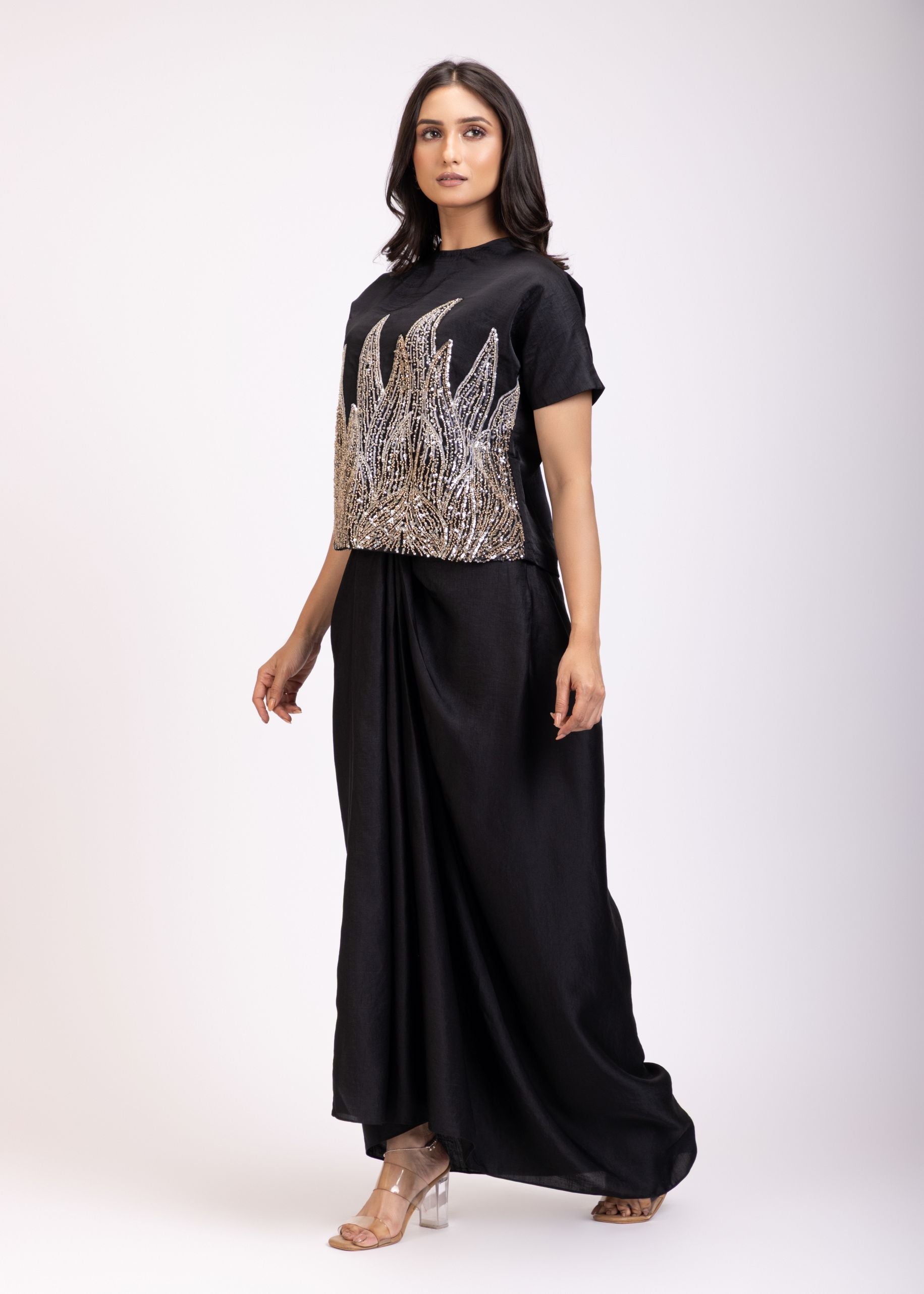 Black Sequin Croptop Drape Skirt Set Side