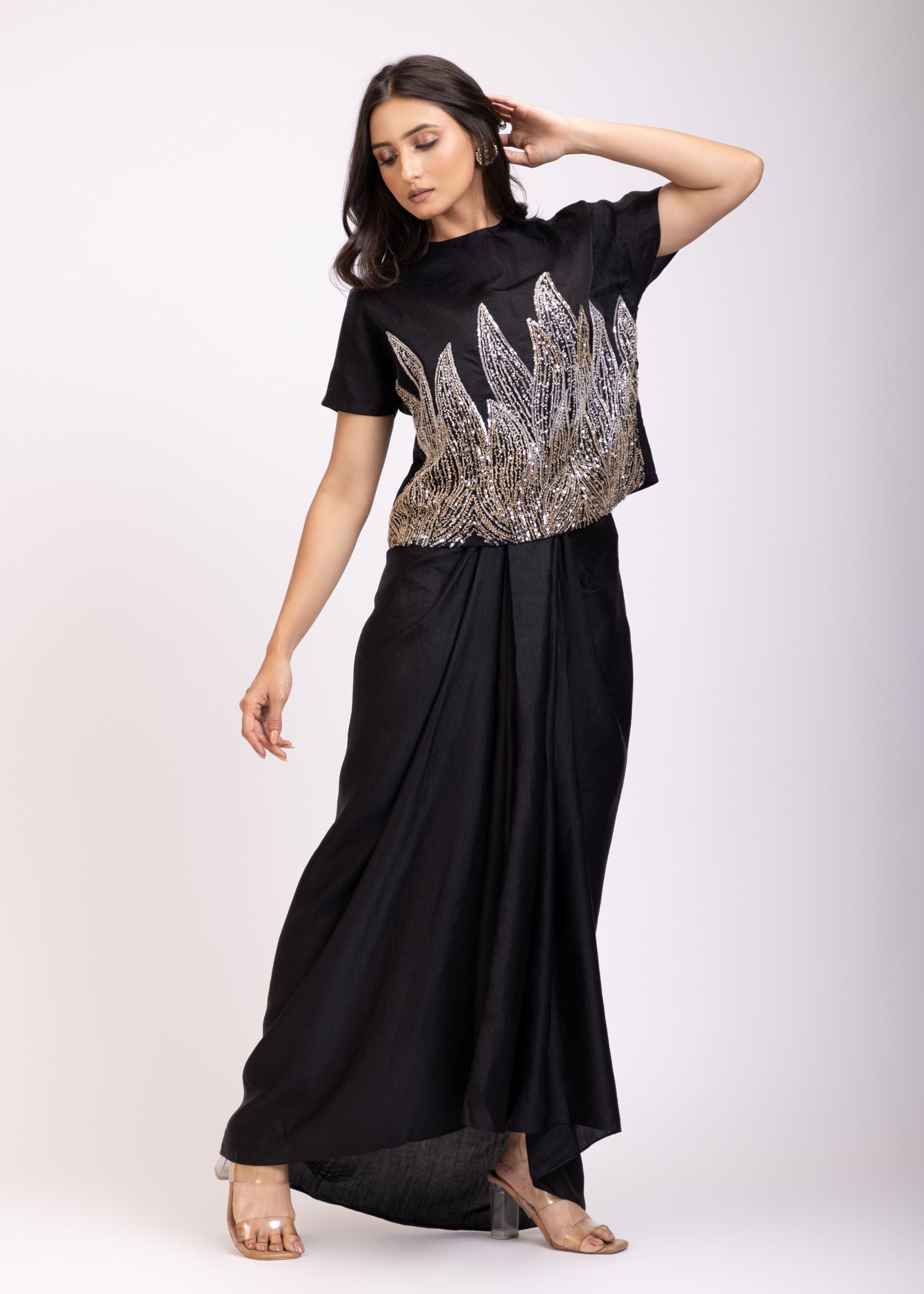 Black Sequin Croptop Drape Skirt Set Side view