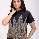 Black Sequin Croptop Drape Skirt Set Close Up