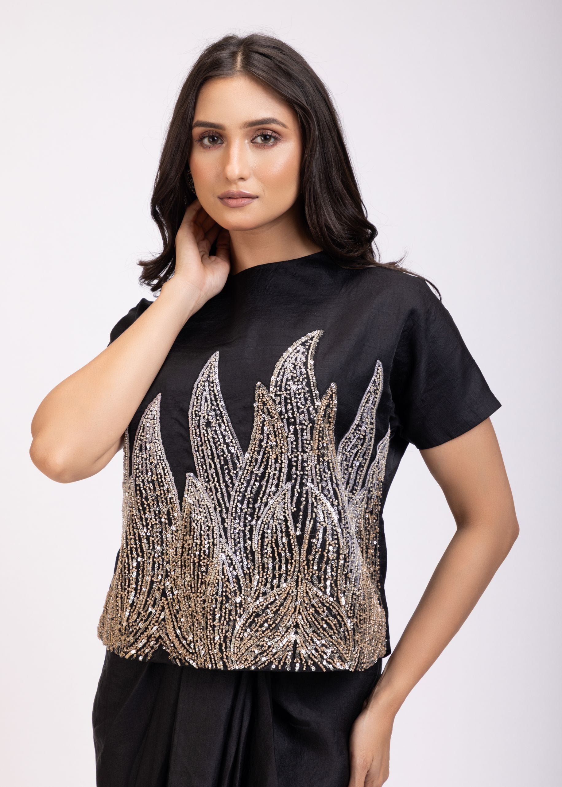 Black Sequin Croptop Drape Skirt Set Close Up