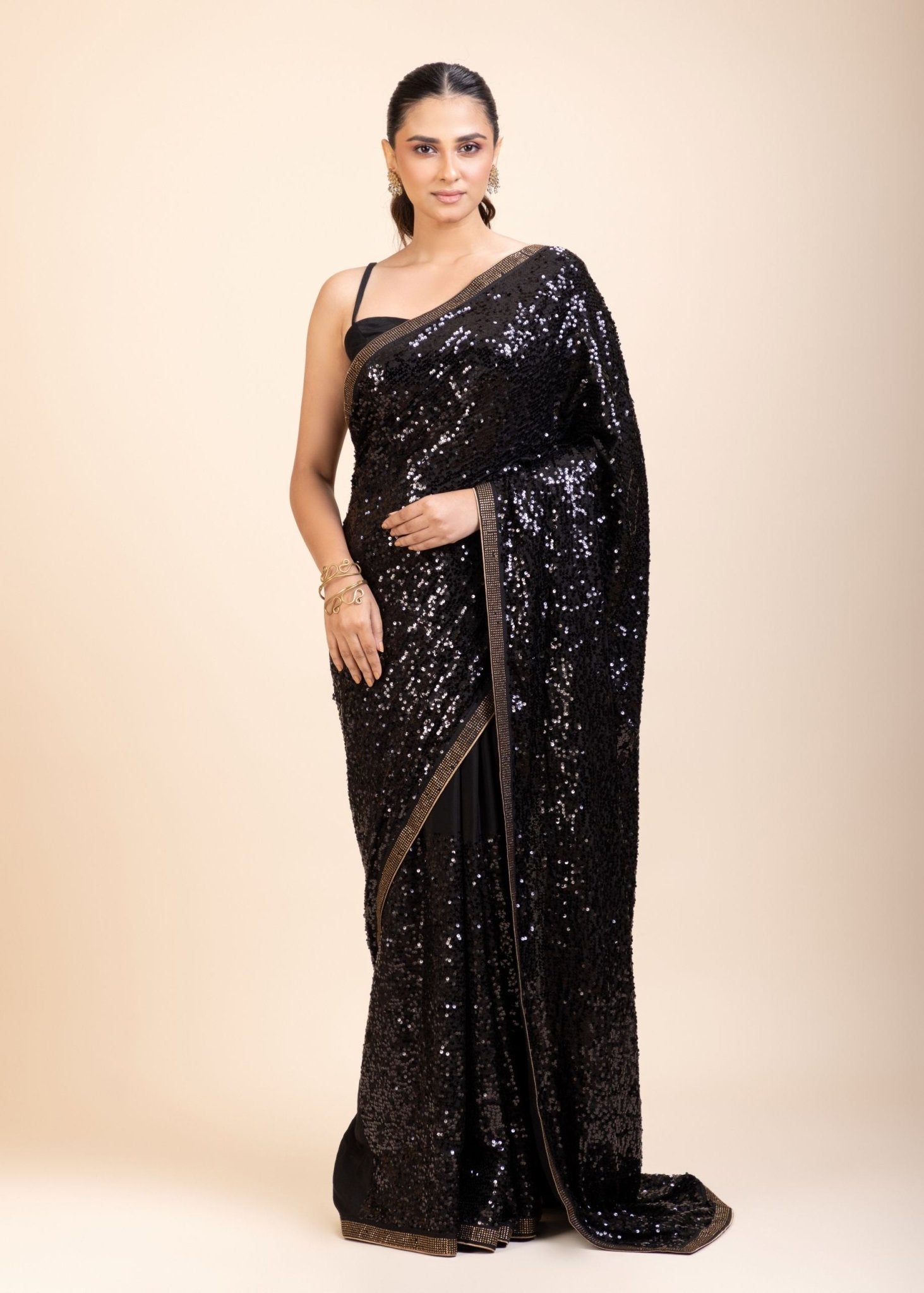 Black Sequin Georgette Saree - Anvi Couture