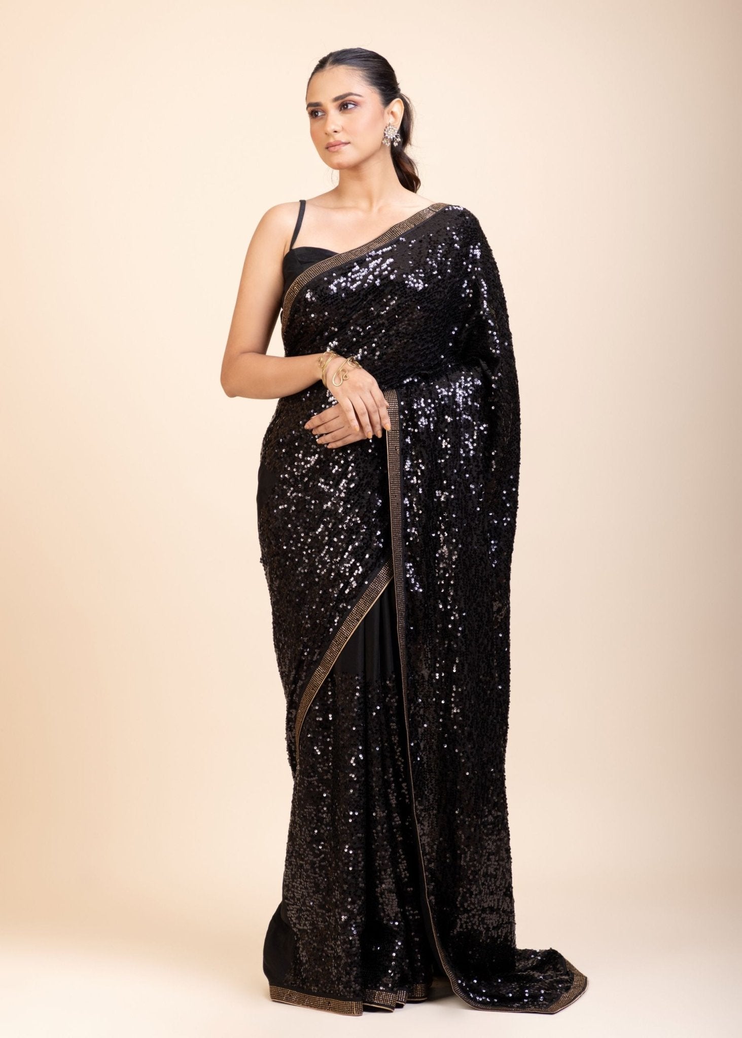 Black Sequin Georgette Saree - Anvi Couture