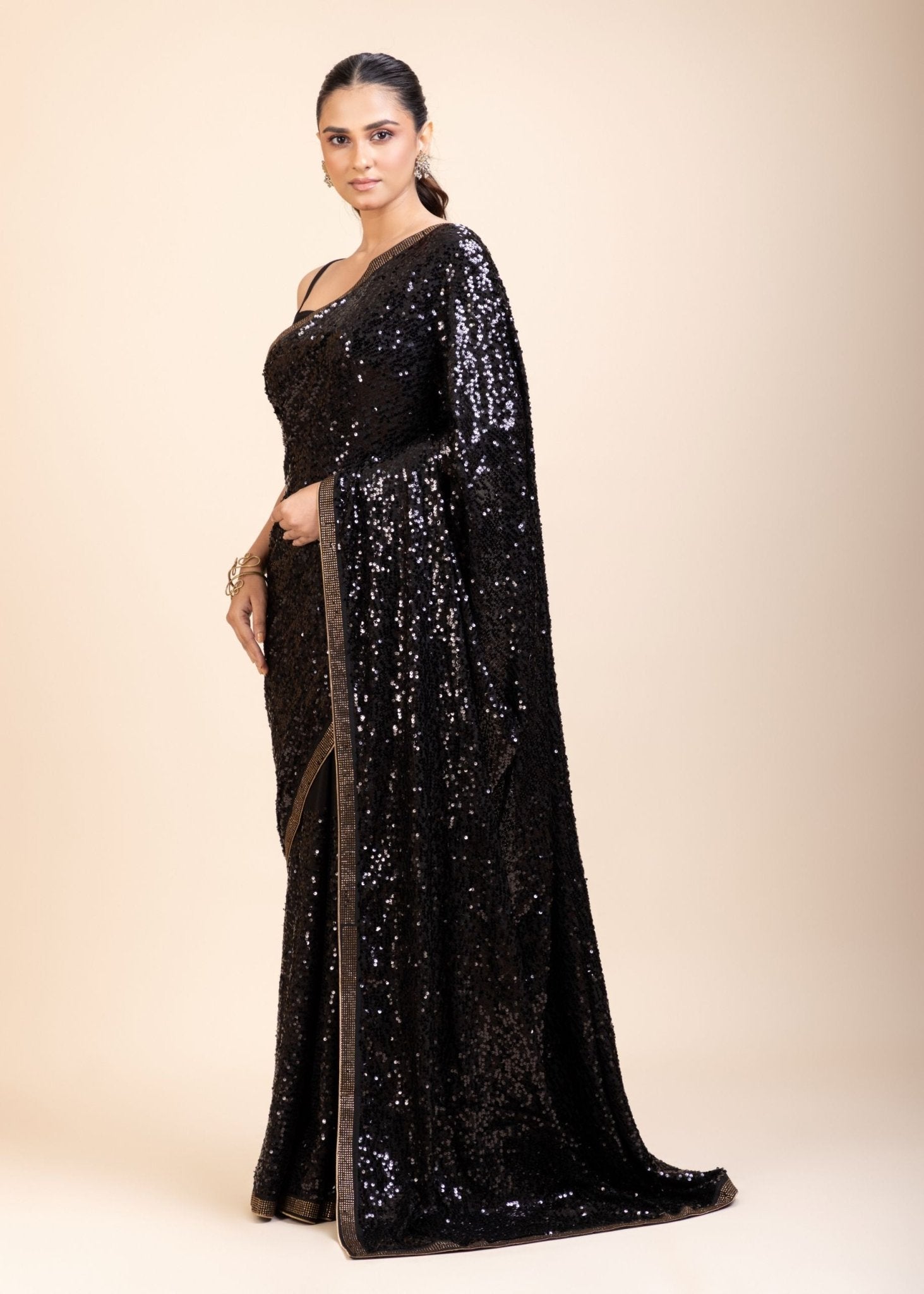 Black Sequin Georgette Saree - Anvi Couture