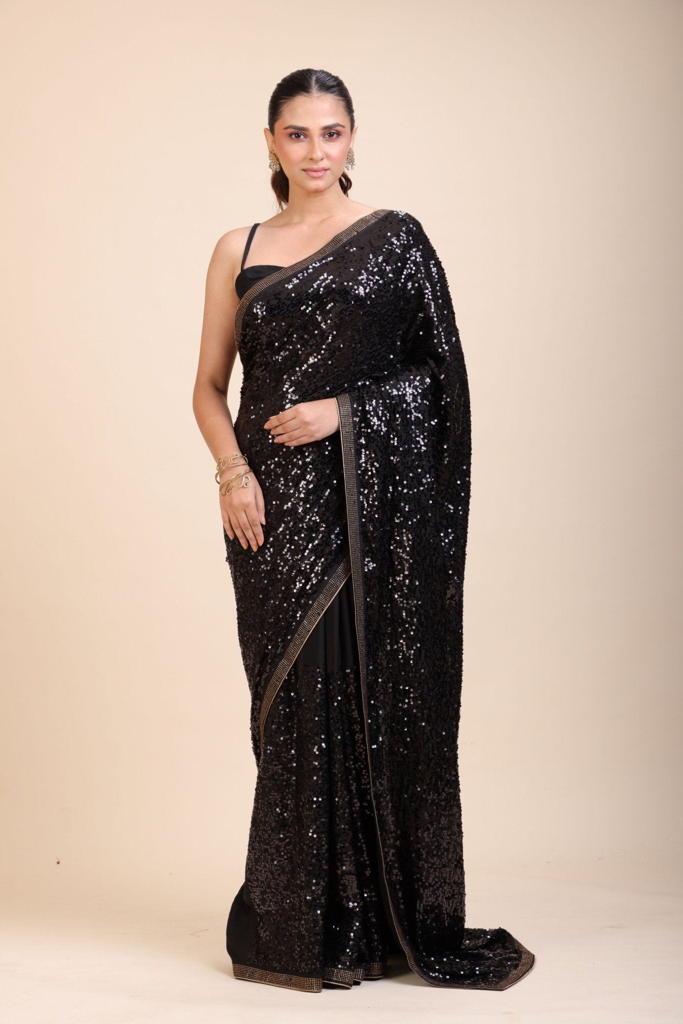 Black Sequin Georgette Saree - Anvi Couture