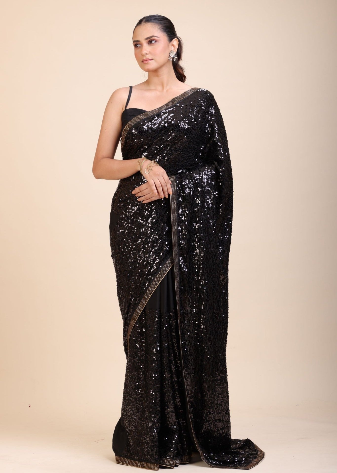 Black Sequin Georgette Saree - Anvi Couture