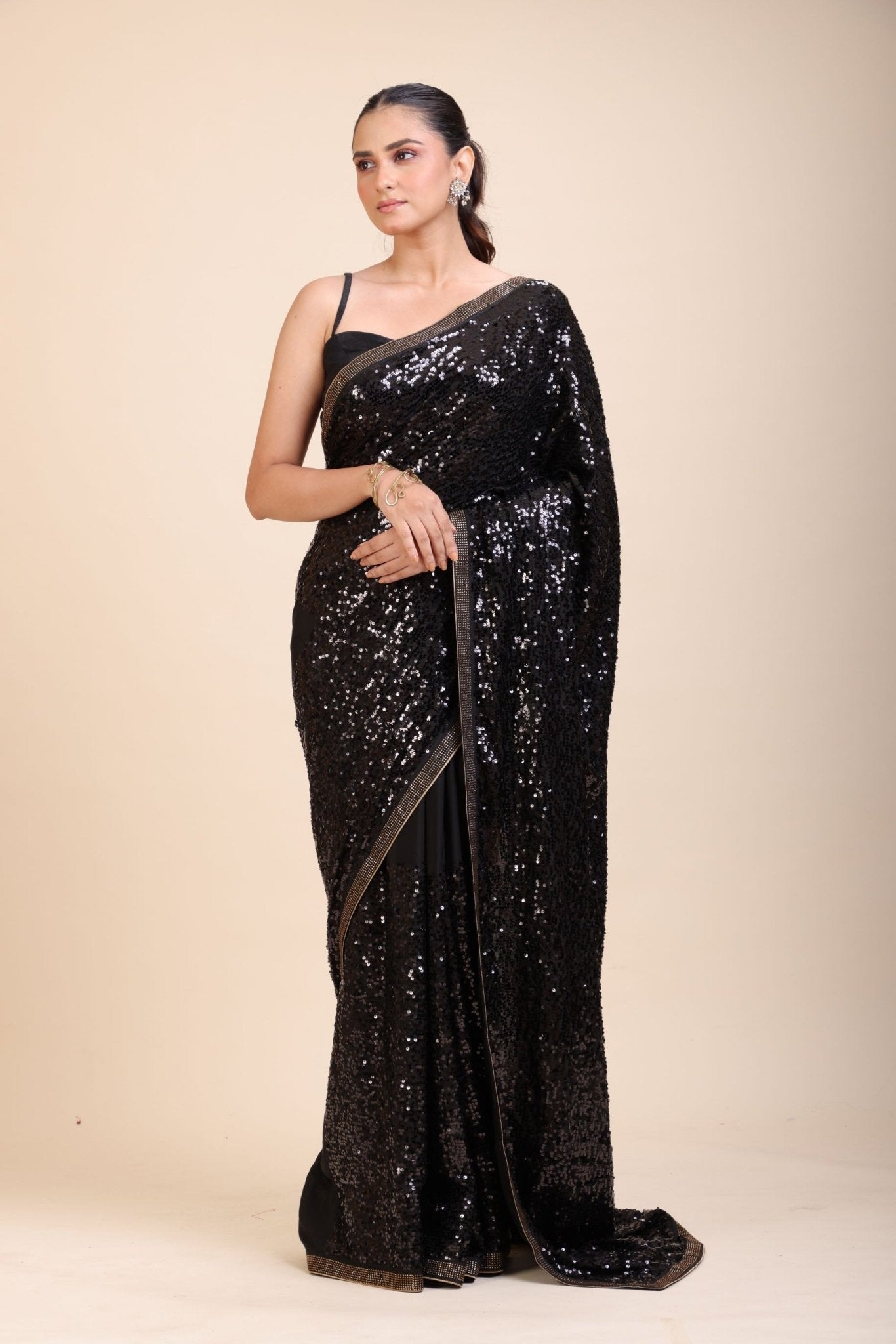 Black Sequin Georgette Saree - Anvi Couture