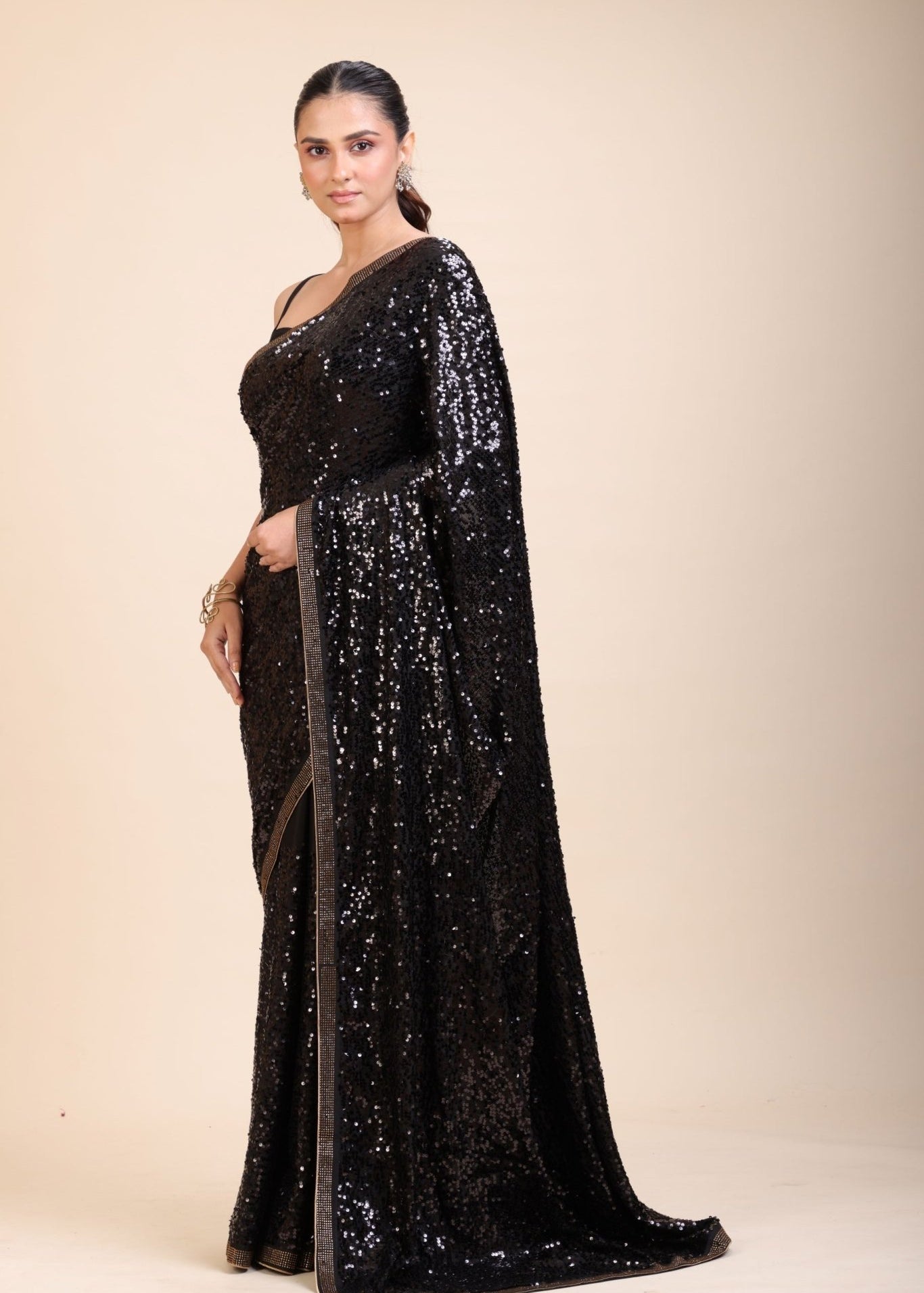 Black Sequin Georgette Saree - Anvi Couture