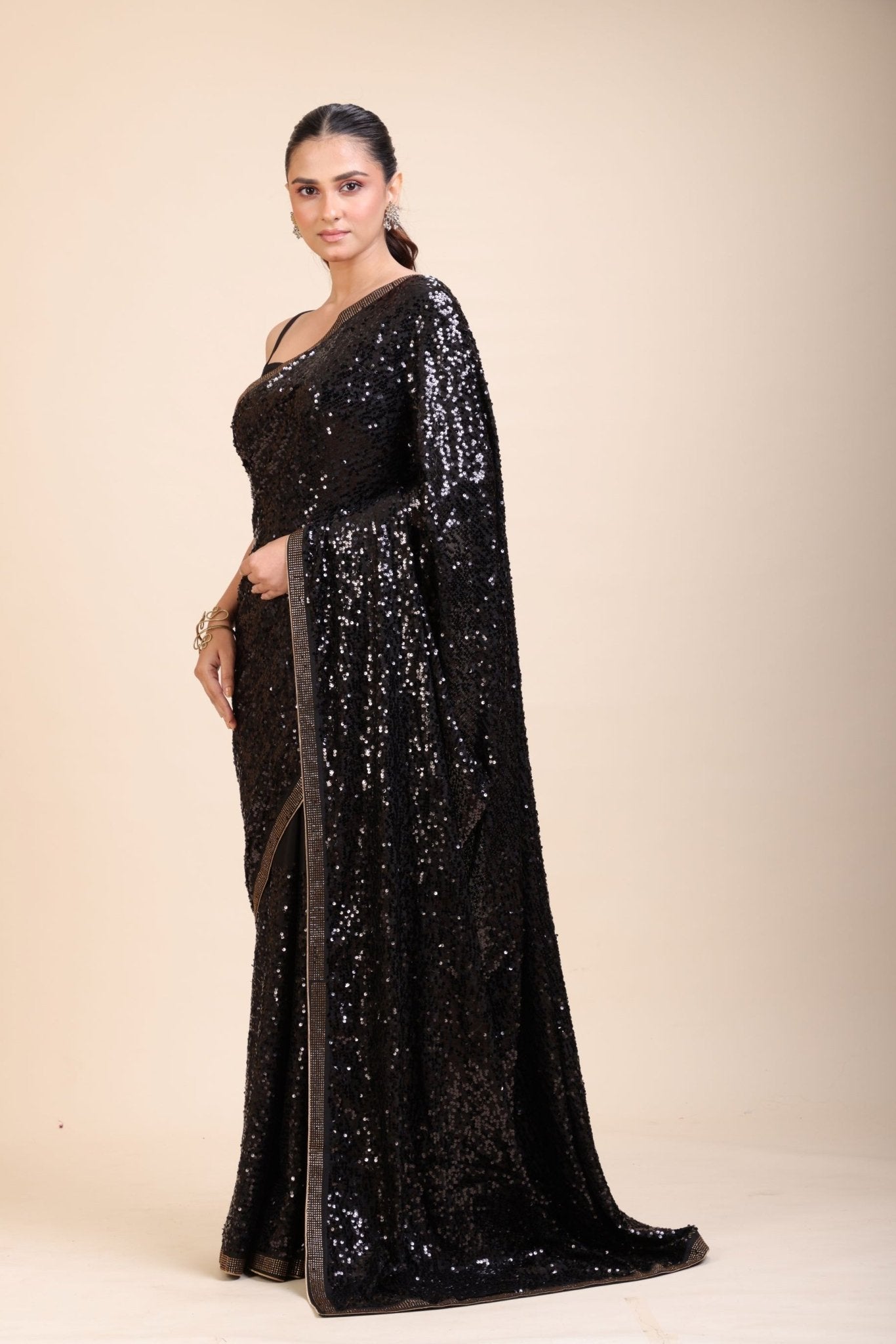 Black Sequin Georgette Saree - Anvi Couture