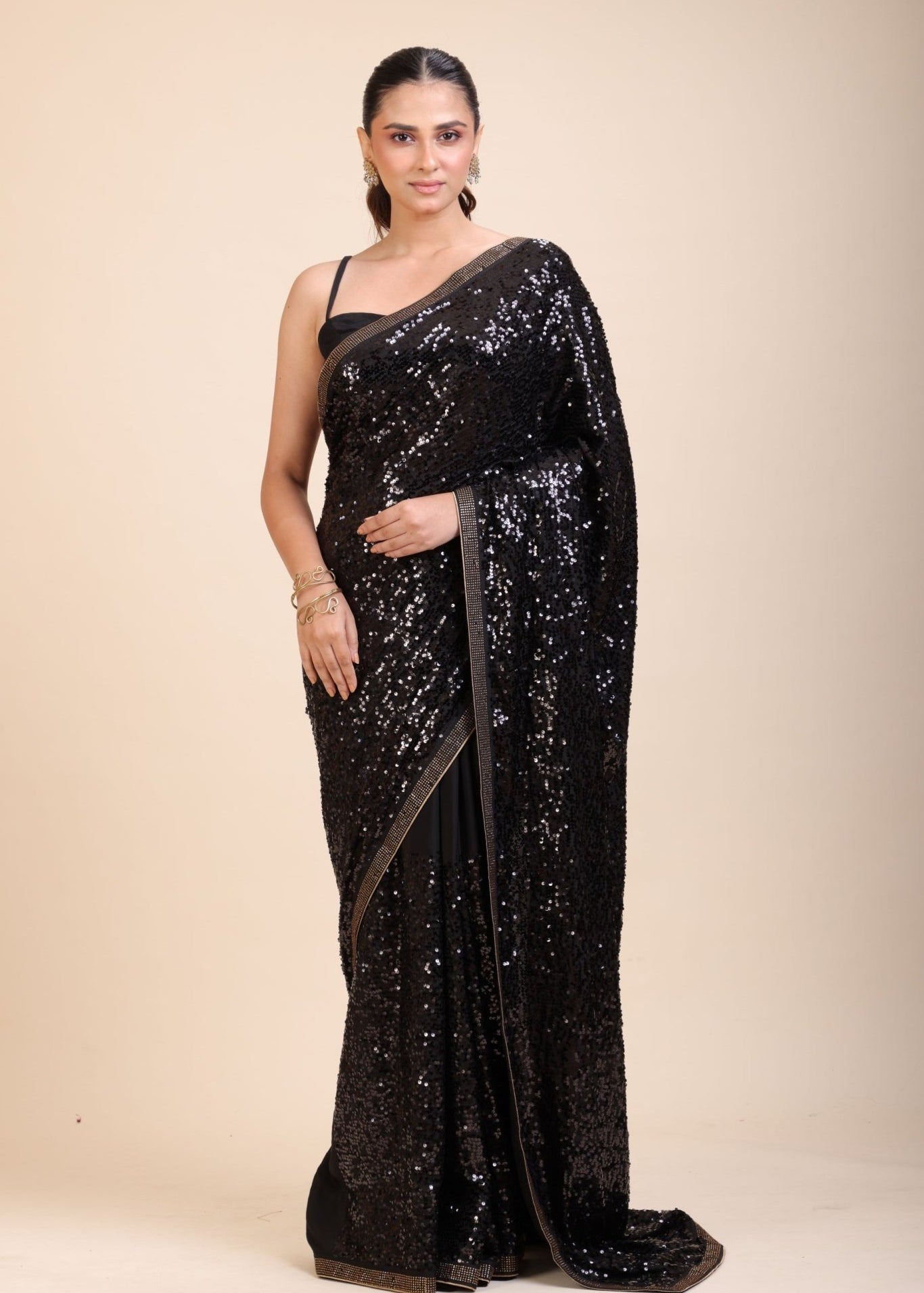 Black Sequin Party Wear Saree - Anvi Couture