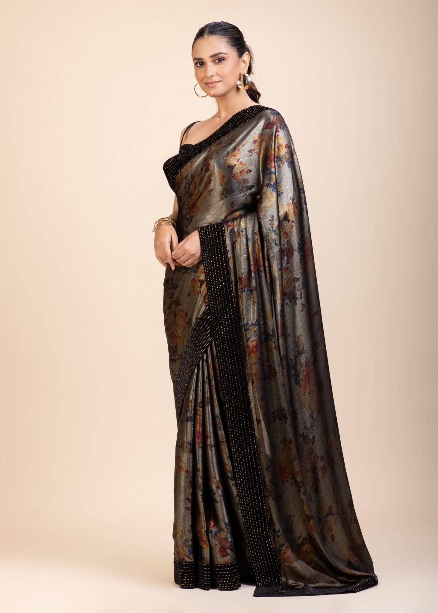 Black Sequin Party Wear Saree with Black Velvet Border - Anvi Couture