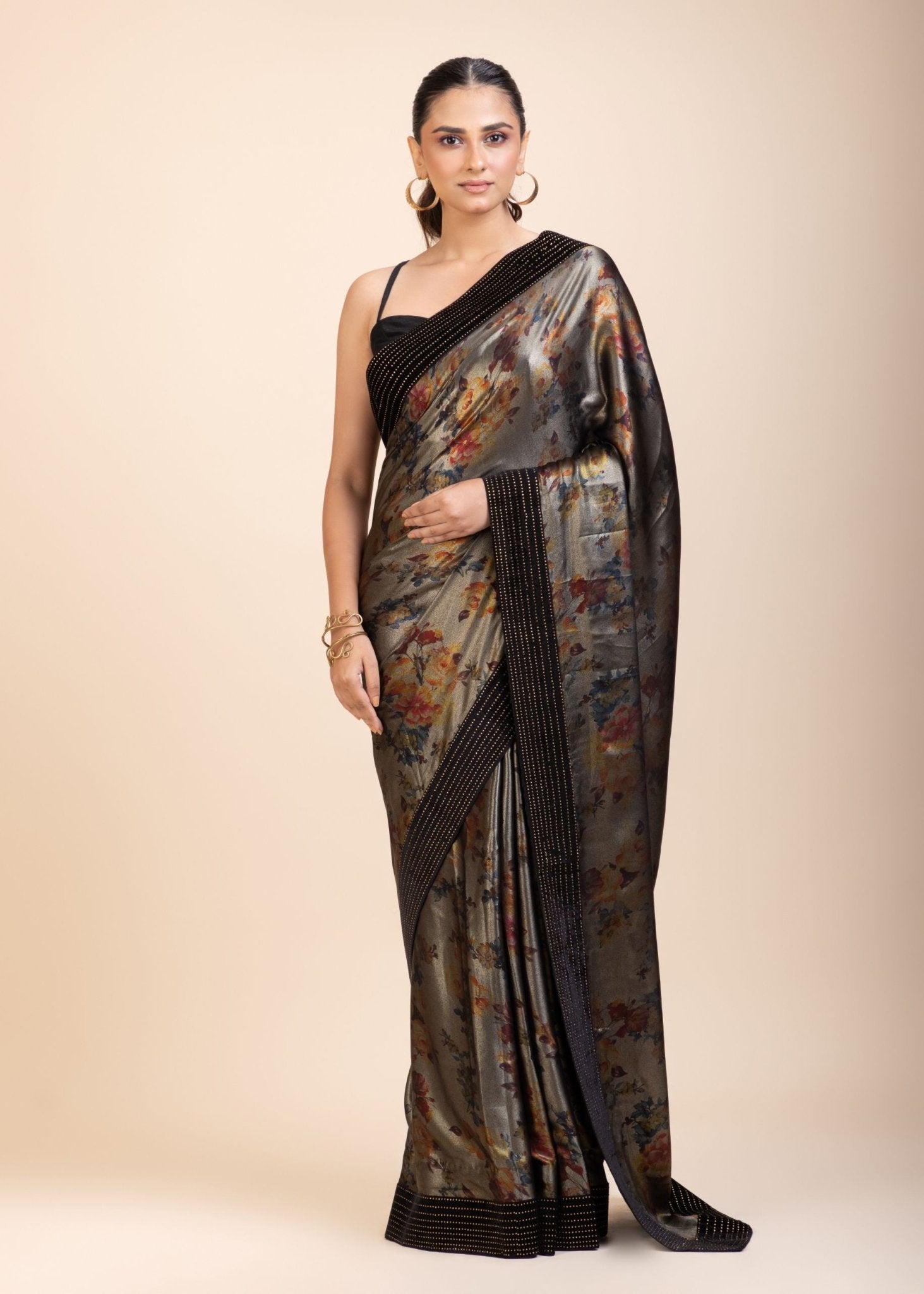 Black Sequin Party Wear Saree with Black Velvet Border - Anvi Couture