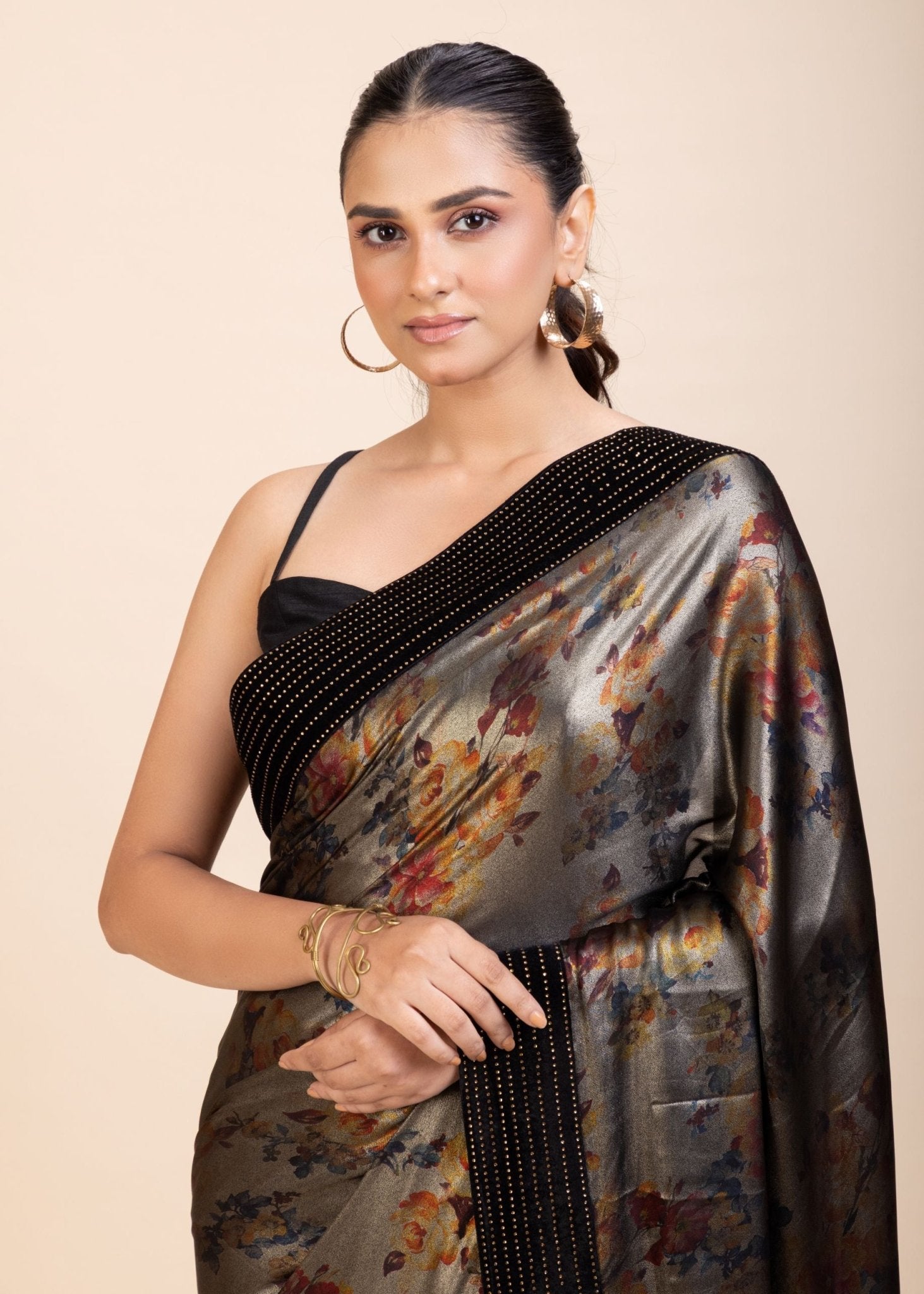 Black Sequin Party Wear Saree with Black Velvet Border - Anvi Couture